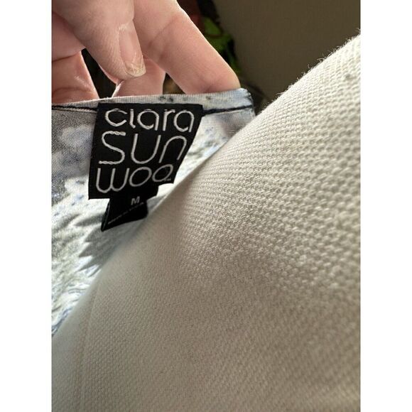 Clara Sun Woo Top Large Blue White Gray 3/4 Sleeve Stretch Knit Boxy Front Tie M - Picture 5 of 5